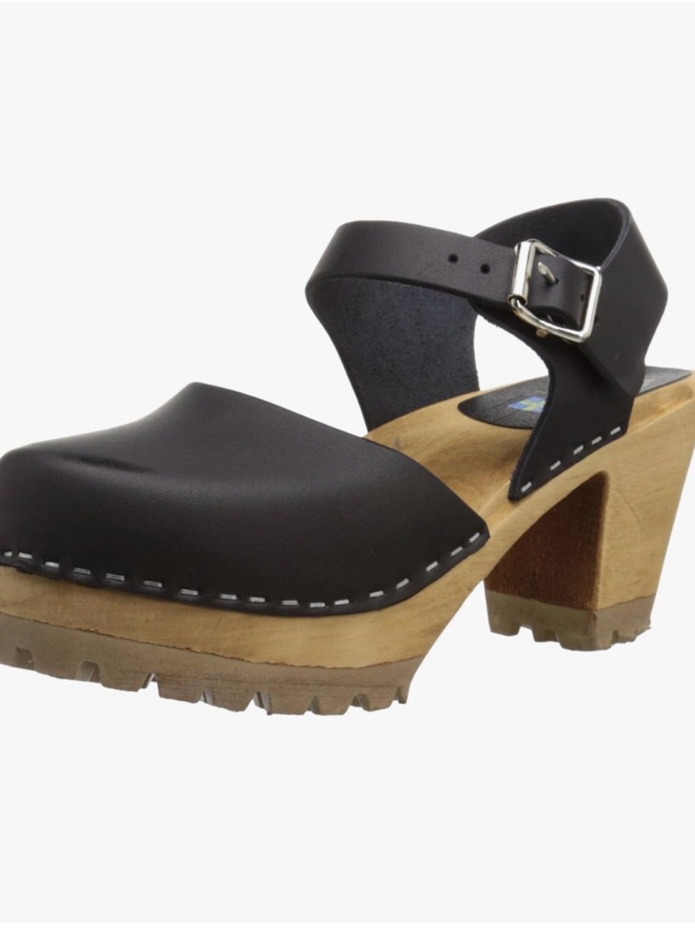 MIA Black Leather Clog Sandals with Wood Block Heel